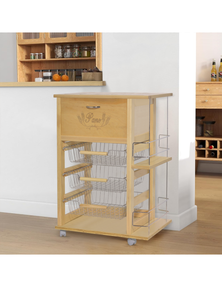 Chariot à pain 3 tiroirs Porte-bouteilles avec roulettes MAS033 Naturel 57x38x82