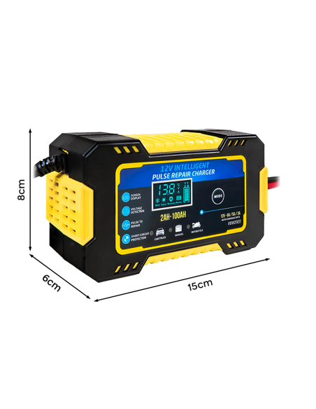 Chargeur Batterie Voiture et Moto Charge Intelligente 12V 6A Câbles et Écran LCD