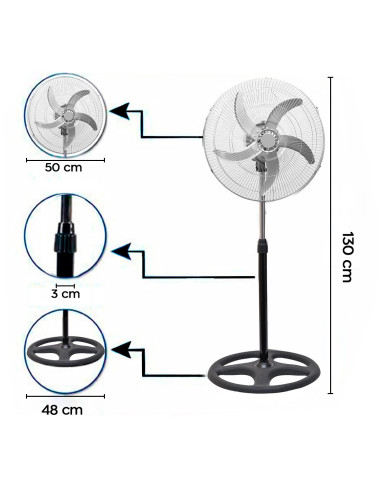 Ventilateur 3 en 1 sur Pied Table et Mural 50W...