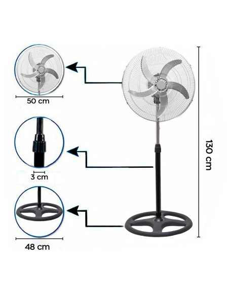 Ventilateur 3 en 1 sur Pied Table et Mural 50W avec 5 Pales en Métal Oscillantes