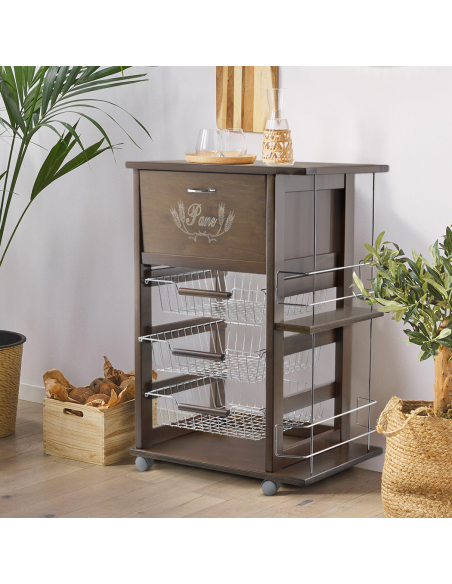 Chariot à pain 3 Tiroirs Porte-bouteilles avec Roulettes MAS018 Noyer 57x38x82