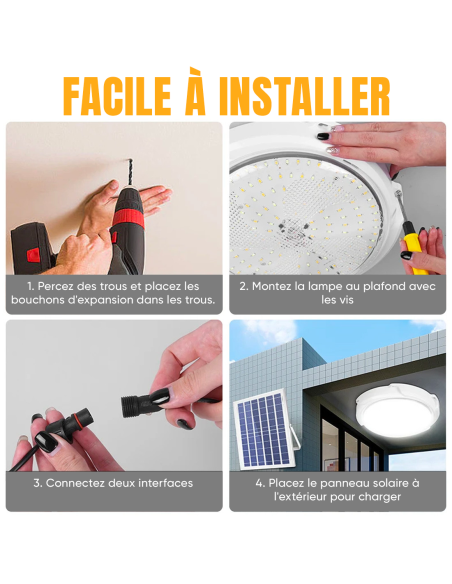 Plafonnier LED 200W 8000mAh IP54 avec Panneau Solaire 6V et Télécommande