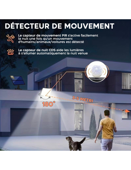 Projecteur LED mural avec panneau solaire IP6, capteur mouvement et télécommande