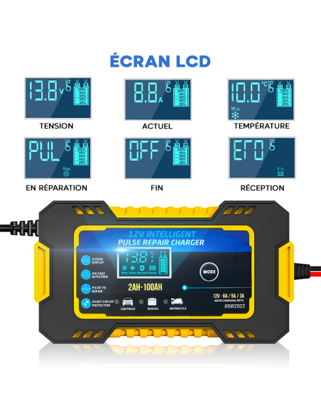 Chargeur Batterie Voiture et Moto Charge Intelligente 12V 6A Câbles et Écran LCD