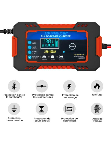 Chargeur Batterie Voiture et Moto Charge Intelligente 12V 6A Câbles et Écran LCD