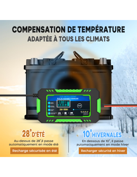 Chargeur Batterie Voiture et Moto Charge Intelligente 12V 6A Câbles et Écran LCD