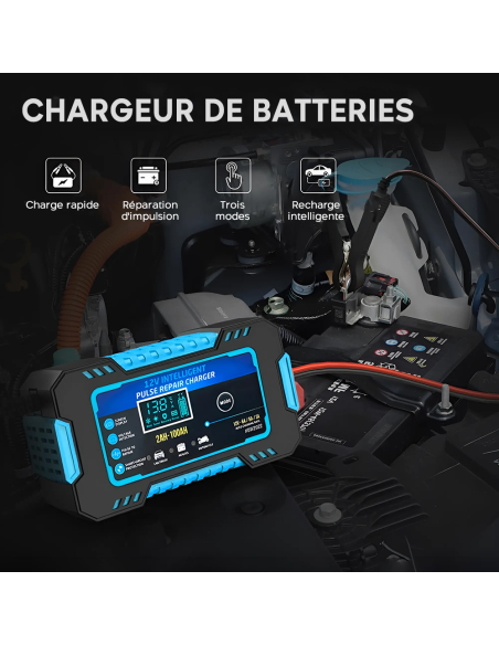 Chargeur Batterie Voiture et Moto Charge Intelligente 12V 6A Câbles et Écran LCD