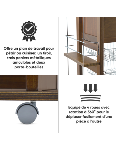 Chariot à pain 3 Tiroirs Porte-bouteilles avec...