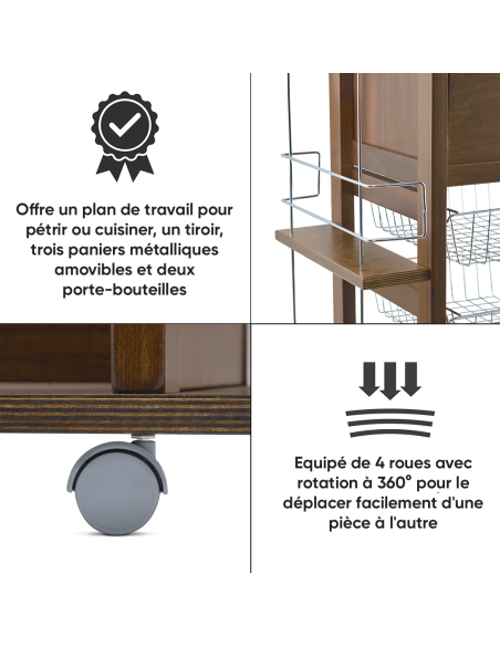 Chariot à pain 3 Tiroirs Porte-bouteilles avec Roulettes MAS018 Noyer 57x38x82