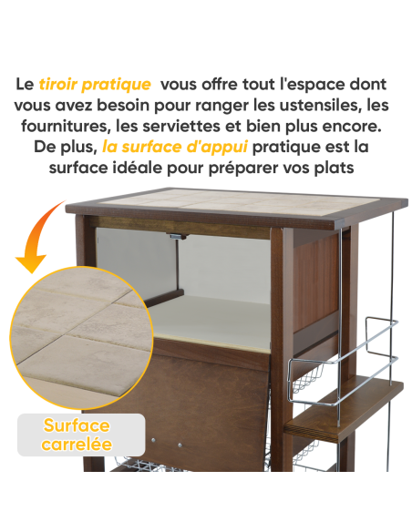 Chariot à pain 3 Tiroirs Porte-bouteilles avec Roulettes MAS018 Noyer 57x38x82