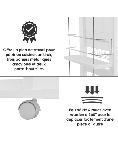 Chariot à pain 3 tiroirs Porte-bouteilles avec...