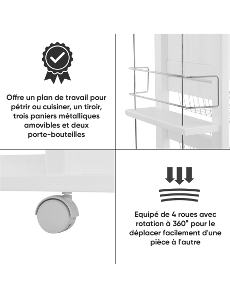 Chariot à pain 3 tiroirs Porte-bouteilles avec Roulettes MAS084 Blanc 57x38x82cm