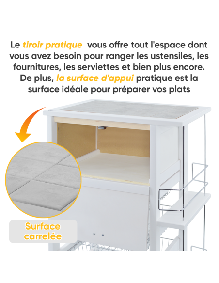 Chariot à pain 3 tiroirs Porte-bouteilles avec Roulettes MAS084 Blanc 57x38x82cm