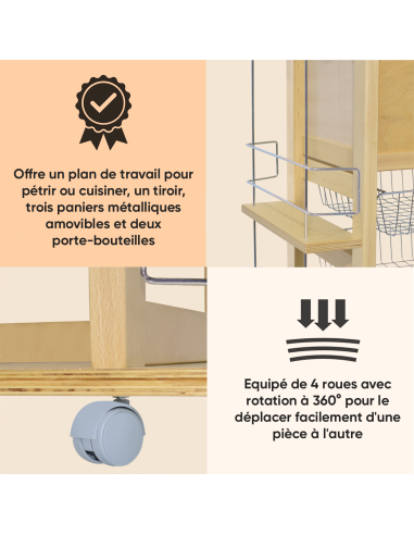 Chariot à pain 3 tiroirs Porte-bouteilles avec...