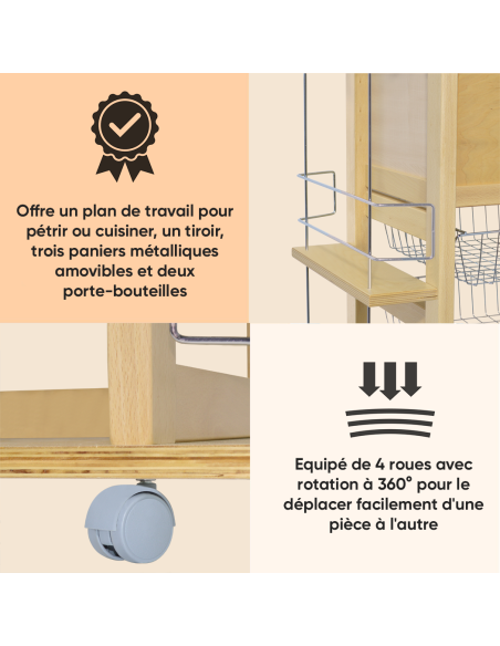 Chariot à pain 3 tiroirs Porte-bouteilles avec roulettes MAS033 Naturel 57x38x82