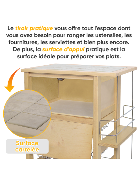 Chariot à pain 3 tiroirs Porte-bouteilles avec roulettes MAS033 Naturel 57x38x82