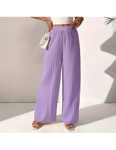 Pantalons longs d'été femme avec jambes larges et plissé texturé à taille haute Violet M-L