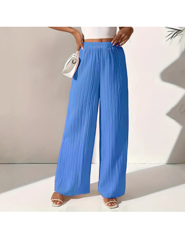 Pantalons longs d'été femme avec jambes larges et plissé texturé à taille haute Bleu M-L