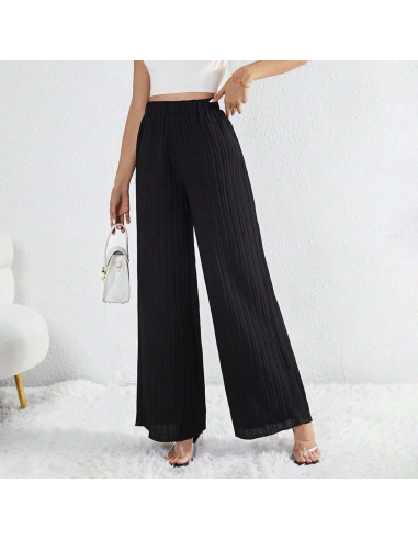 Pantalons longs d'été femme avec jambes larges et plissé texturé à taille haute