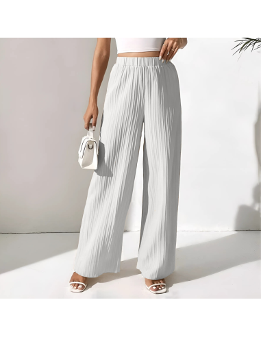 Pantalons longs d'été femme avec jambes larges et plissé texturé à taille haute Blanc M-L