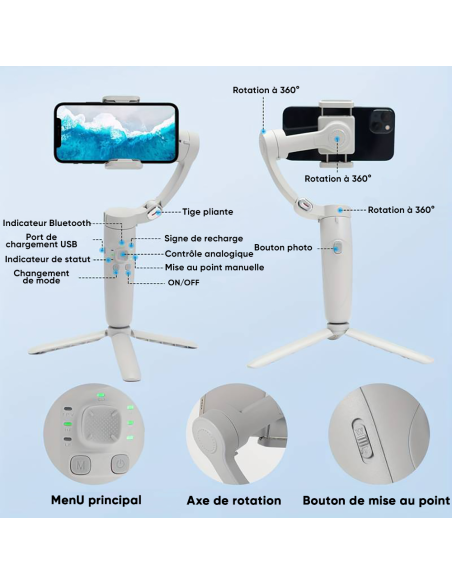 Stabilisateur de Smartphone à 3 Axes avec Trépied Pliable pour Photos et Vidéos