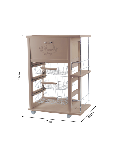 Chariot à Pain 3 Tiroirs Porte-Bouteilles avec Roues MAS250 Tortora 57x38x82cm