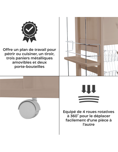 Chariot à Pain 3 Tiroirs Porte-Bouteilles avec...