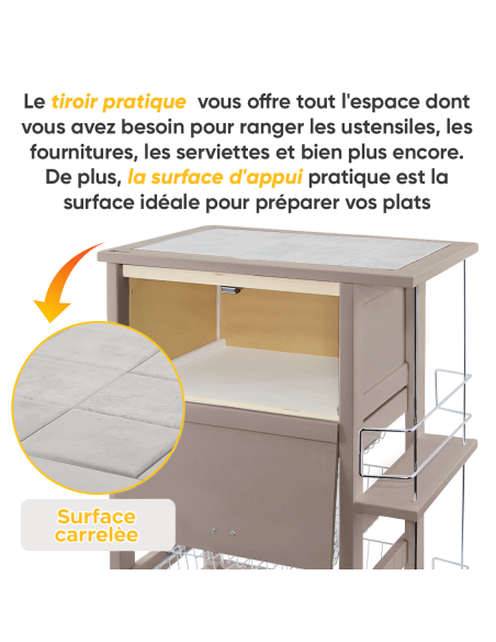 Chariot à Pain 3 Tiroirs Porte-Bouteilles avec Roues MAS250 Tortora 57x38x82cm