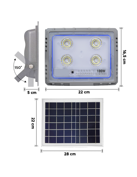 Projecteur Solaire LED 100W Panneau Solaire Crépusculaire 6500K IP66 Télécommand