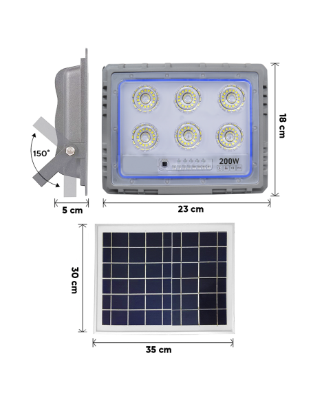 Projecteur Solaire LED 200W Panneau Solaire Crépusculaire 6500K IP66 Télécommand