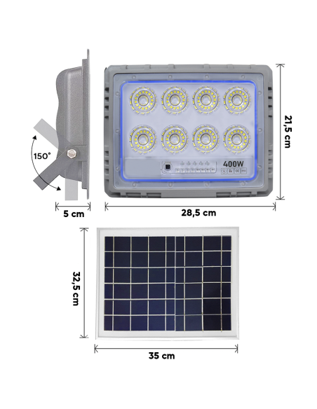 Projecteur Solaire LED 400W Panneau Solaire Crépusculaire 6500K IP66 Télécommand