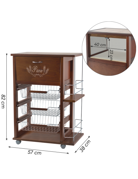 MAS017 Vesuvio Noyer Chariot 57x38x82h cm avec porte-bouteille et porte-pain