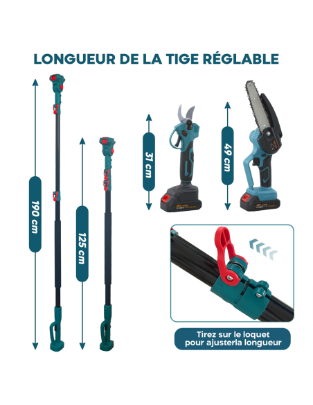 Kit 3 en 1 Ciseaux Électriques 48V avec Tronçonneuse 6" et Panneau Télescopique