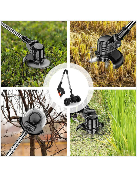 Débroussailleuse sans fil, 2 batteries 21V, roues et tige télescopique pliable