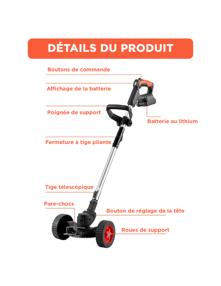 Débroussailleuse sans fil, 2 batteries 21V, roues et tige télescopique pliable