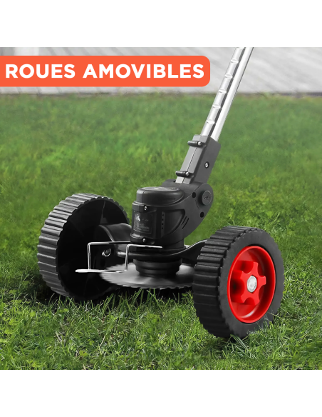 Débroussailleuse sans fil, 2 batteries 21V, roues et tige télescopique pliable