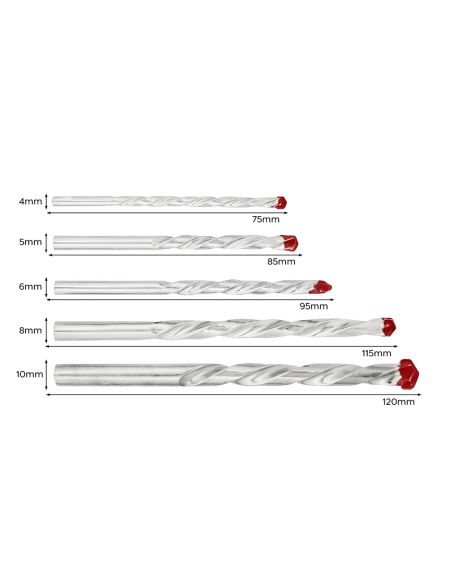 Set de 5 forets hélicoïdaux universels pour perceuse, 4 à 10 mm.