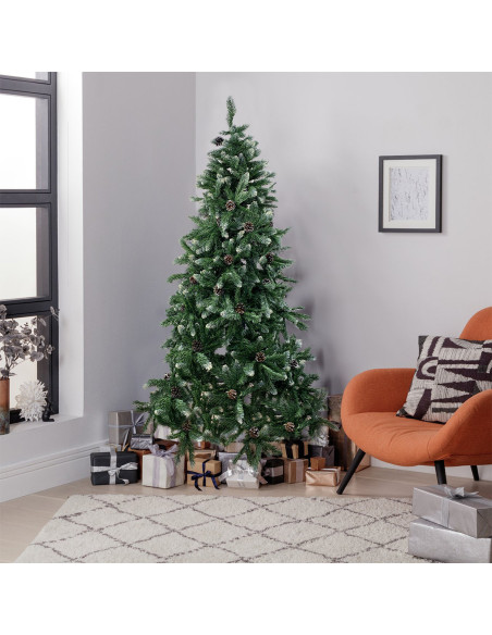 Arbre de Noël Artificiel avec Pommes de Pin et Neige 180H en PVC Support Métal