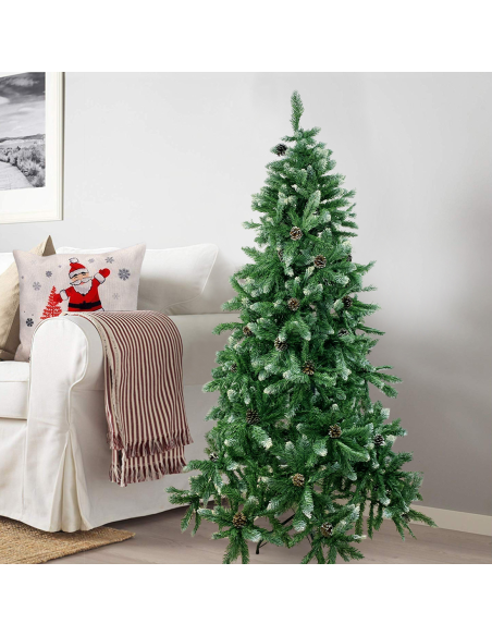 Arbre de Noël Artificiel avec Pommes de Pin et Neige 180H en PVC Support Métal