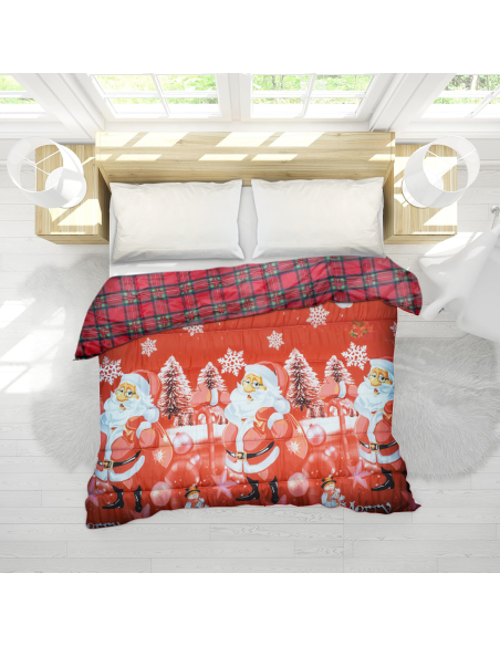 Trapunta de Noël Matrimoniale Double Face Tartan et Impression avec Père Noël