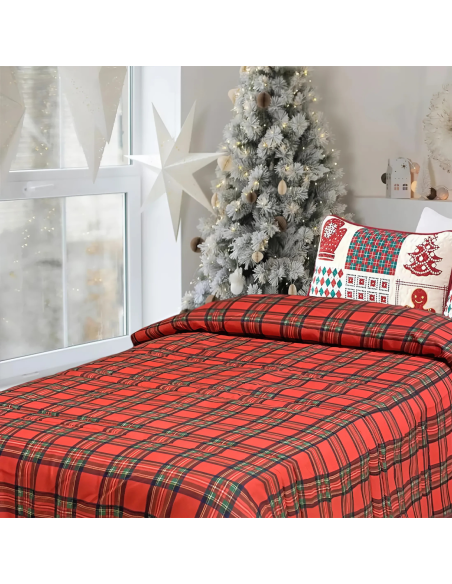 Trapunta de Noël Matrimoniale Double Face Tartan et Impression avec Père Noël