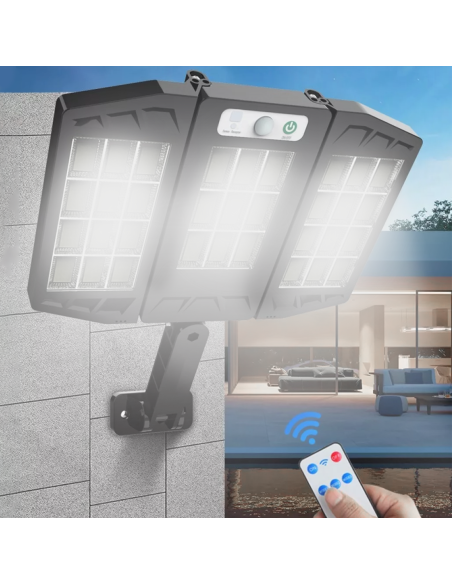 Mini lampe solaire 3 panneaux intégrés 216 LED lumière blanche avec télécommande