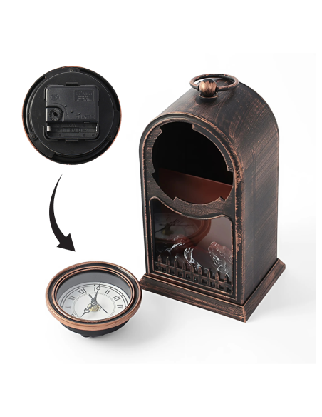 Horloge Décorative de Table Vintage avec Foyer à Piles et Effet Flamme