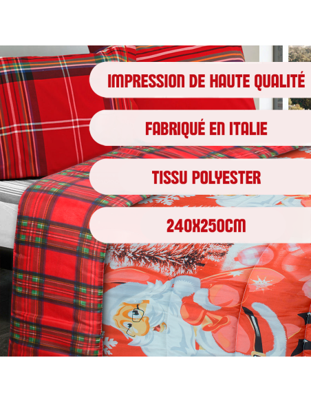 Trapunta de Noël Matrimoniale Double Face Tartan et Impression avec Père Noël