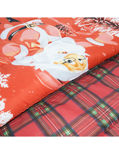 Trapunta de Noël Matrimoniale Double Face Tartan et Impression avec Père Noël