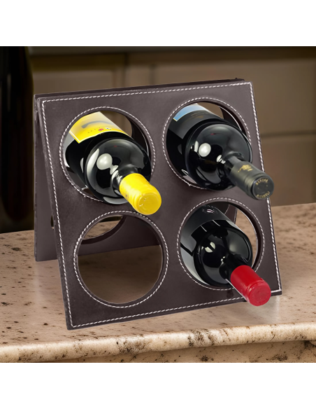Porte-bouteilles de vin en simili cuir 4 places avec accessoires ouvre-bouteille