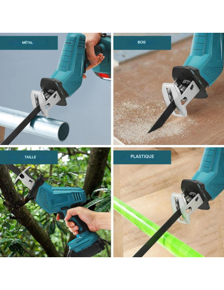 Scie alternative 48V, double batterie, 4 lames, coupe bois et métal.