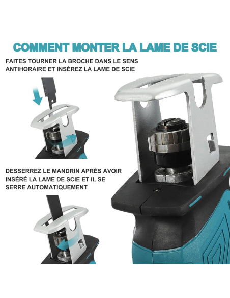 Scie alternative 48V, double batterie, 4 lames, coupe bois et métal.