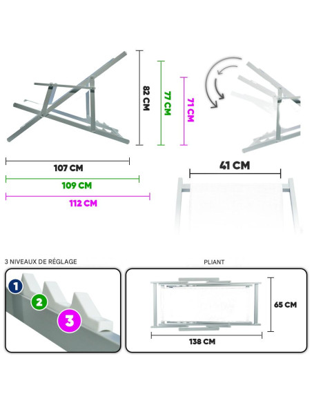 Chaise longue pliante Napoli, accoudoirs, structure aluminium et textilène.