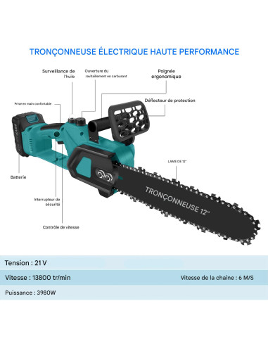 Tronçonneuse sans fil 3980W, lame 12", double...